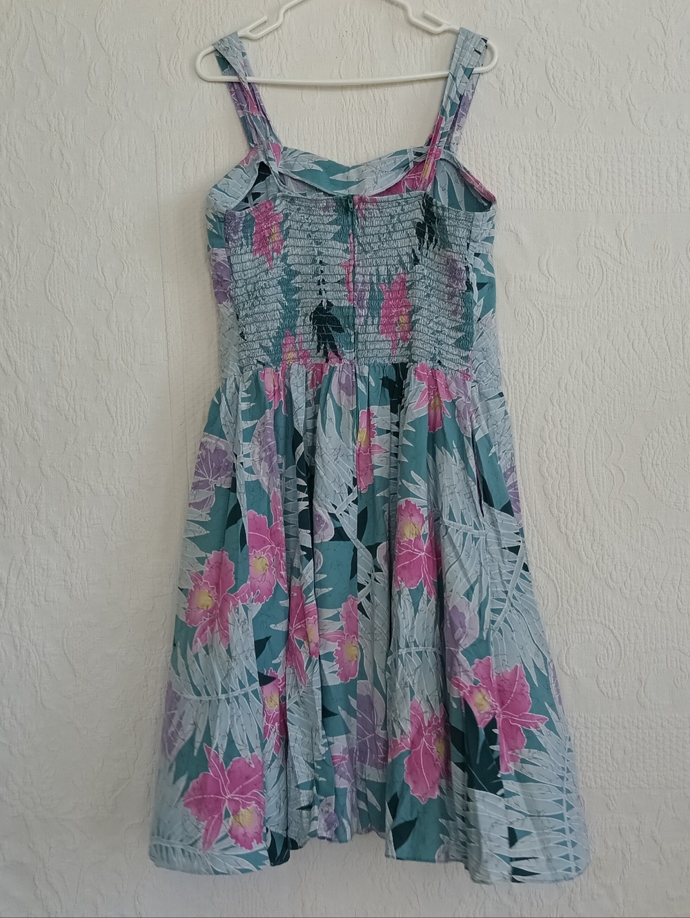 Hilo Hattie Teal Floral Midi Dress with Pink & Lavender Blooms Sun Dress Ruched - Picture 9 of 14